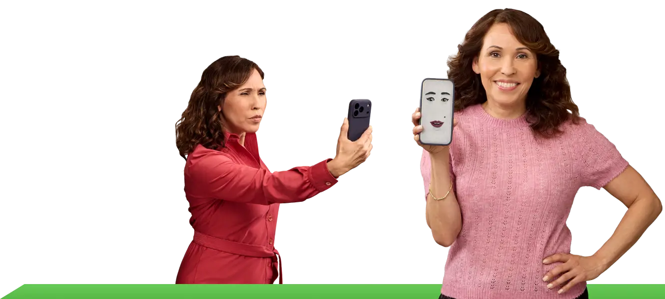 Actor portrayal of presbyopia patient having difficulty reading up close due to presbyopia