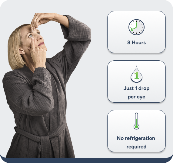 Actor portrayal of woman using eye drops for age related blurry vision 