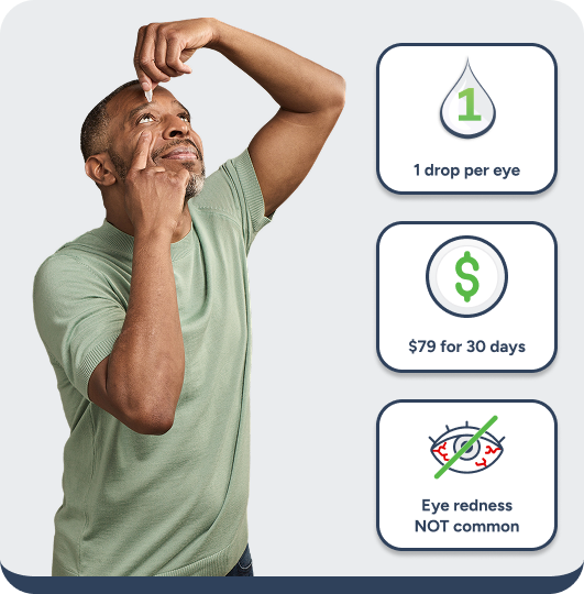 Actor portrayal of man using YUVEZZI eye drops for presbyopia